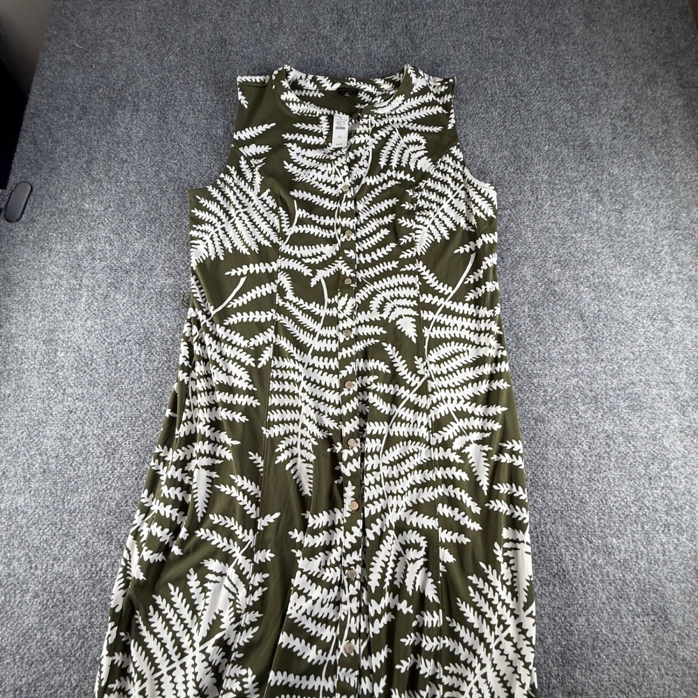 Talbots Olive Green White Fern Leaf Button Front Maxi Dress XL 53008817 NEW